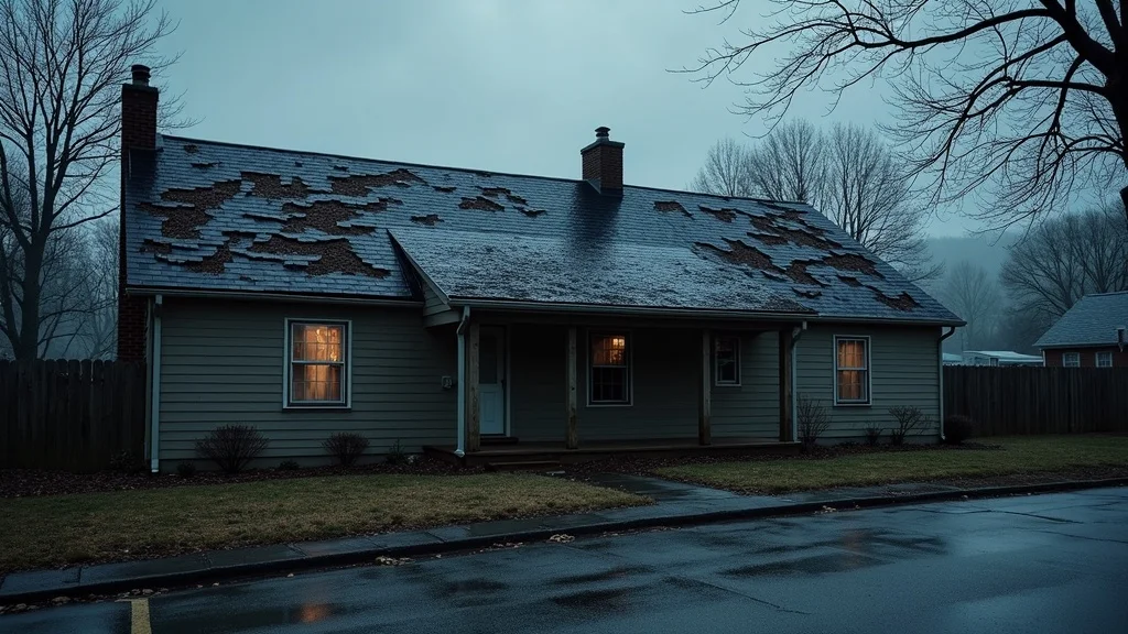 Storm-damaged roof Bath PA, missing shingles and hailstones on dark wet roof, urgent roof repair needed