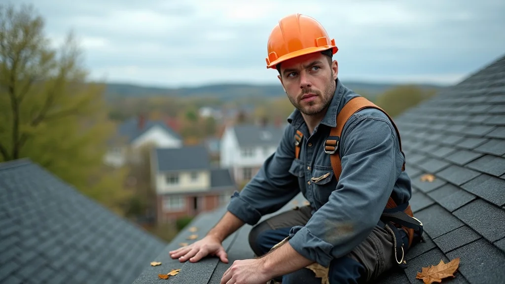 Professional roofer Bath PA inspecting roof, safety harness, steep pitch, roofing contractors in bath pennsylvania