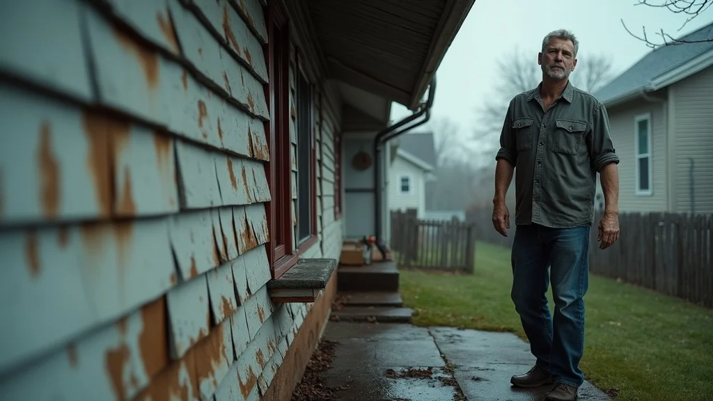 Concerned homeowner inspecting water stains and peeling paint near sagging gutters and warped siding, highlighting the need for roofing siding and gutter system maintenance