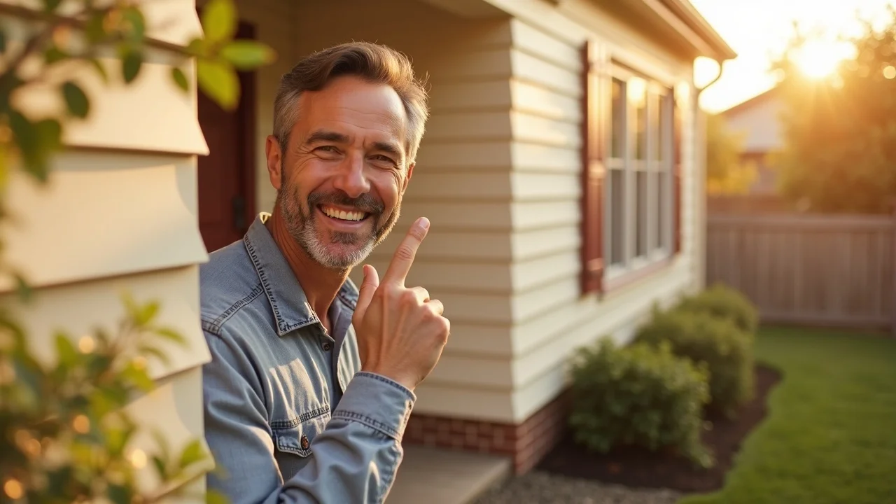 Proud homeowner touching clean new vinyl siding as part of a seamless roofing siding and gutter system