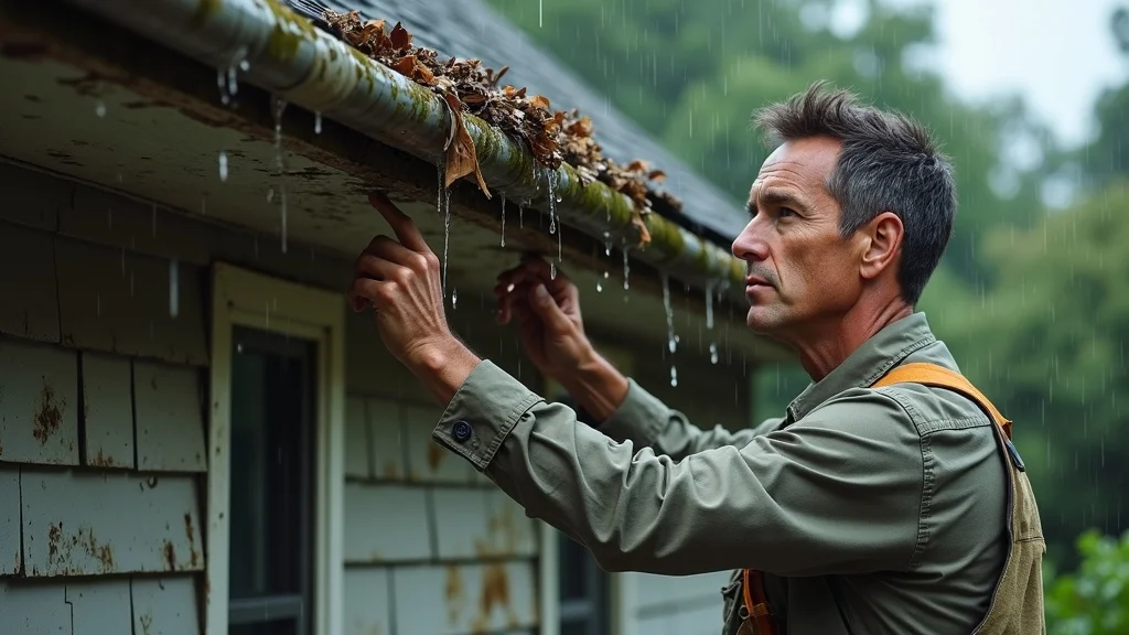 Home inspector pointing to overflowing debris-filled gutter above peeling paint and rotted fascia, warning of roofing siding and gutter system failure