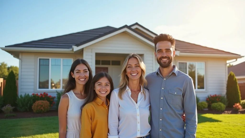 Modern suburban home exterior with well-maintained roofing, siding, and gutters, showing a content family in a lush neighborhood